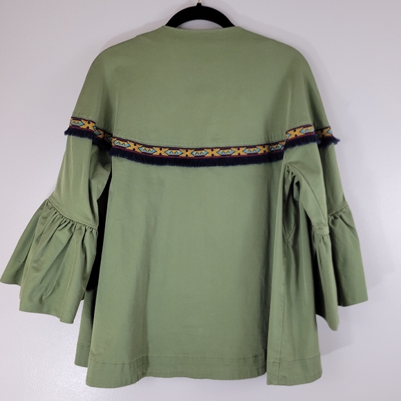 ZARA green cotton twill bell sleeve tribal southwest fringe trim zip jacket - Picture 14 of 14